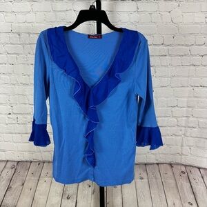 Barbra Lesser Blue Ruffle V-Neck 3/4 Length Sleeves Size Medium